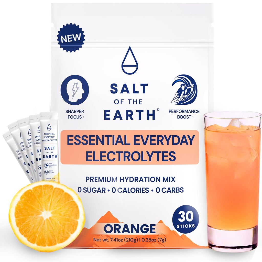 지구 프리미엄 Zero-Sugar Electrolyte 소금 - 핑크 히말라야 소금으로 만든 - 히드라이즈 분말 패킷 | 프리미엄 성분 | Keto & Paleo Friendly | 30 스틱, 오렌지