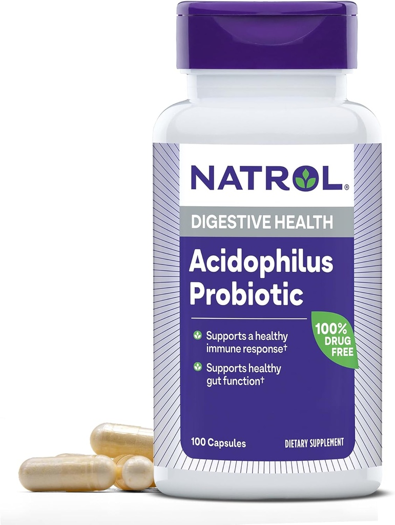 Natrol Acidophilus Probiotic 100 mg, 건강한 Gut 기능을 위한 규정식 보충교재, 성인을 위한 소화성 건강 캡슐, 33 일 공급까지 100개의 캡슐