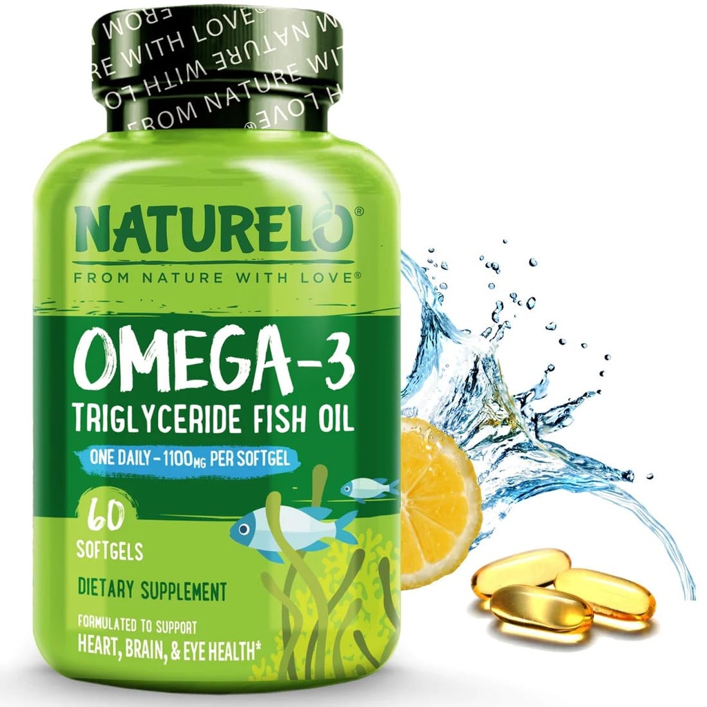 NATURELO Burpless Omega 3 물고기 기름 보충교재 - 1100mg Triglyceride Omega-3, EPA + DHA의 심장, 눈, 뇌, 합동 건강을 위한 액체 물고기 기름 - 60 Softgels의 공급 2 달
