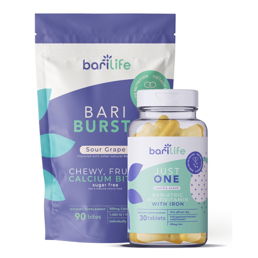Bari Life Just One, Iron (30 Tablet) 및 BariBurst 칼슘 Citrate Soft Chews for Gastric Bypass, Gastric Sleeve 및 Duodenal Switch (Sour Grape)