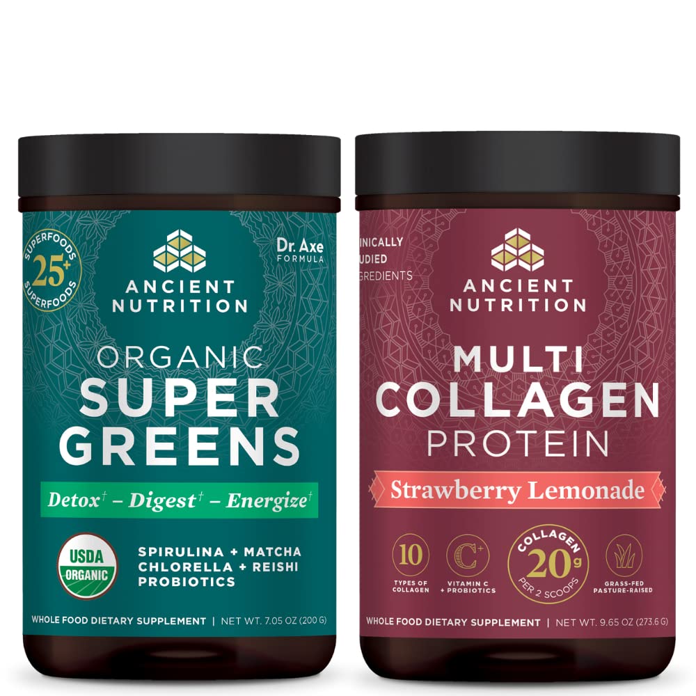 고대 영양 유기 Supergreens 분말, 녹색 맛, 25 서빙 + 멀티 콜라겐 단백질 분말, 딸기 레몬, 24 서빙