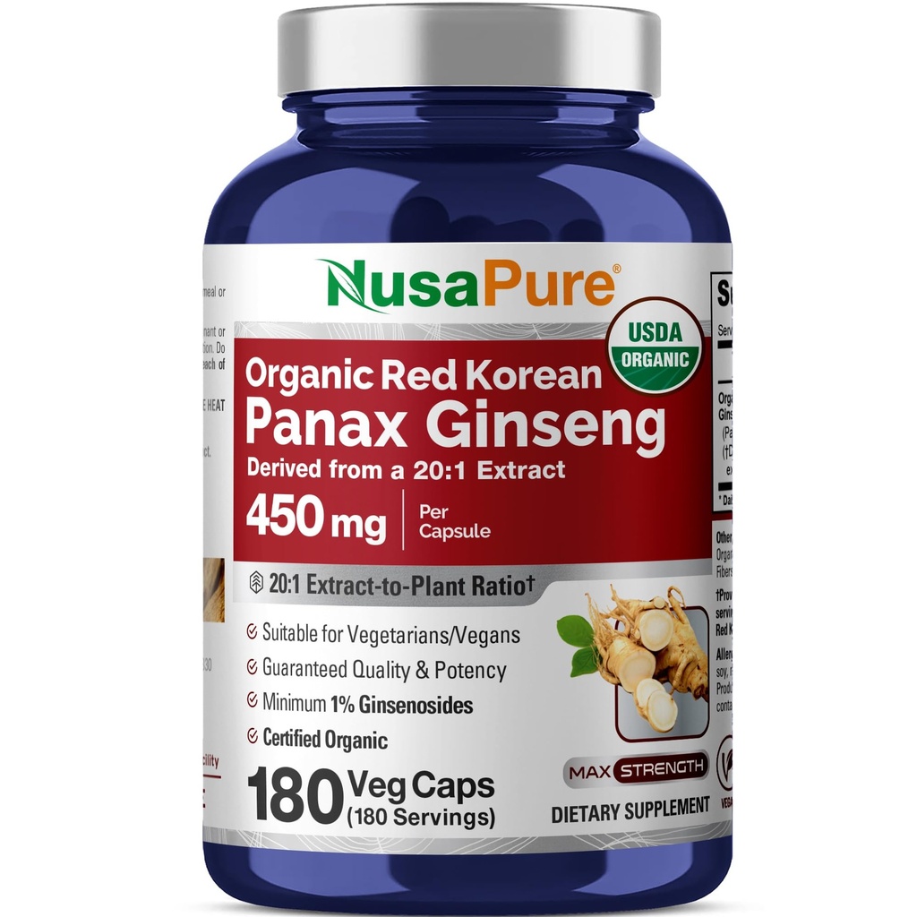 NusaPure 빨간 한국 Panax Ginseng 20:1 추출물, 9,000 mg에 동등한 450 mg 180 Veggie 모자 (USDA 유기, 비 GMO, 채식주의자, 채식주의자, Bioperine)