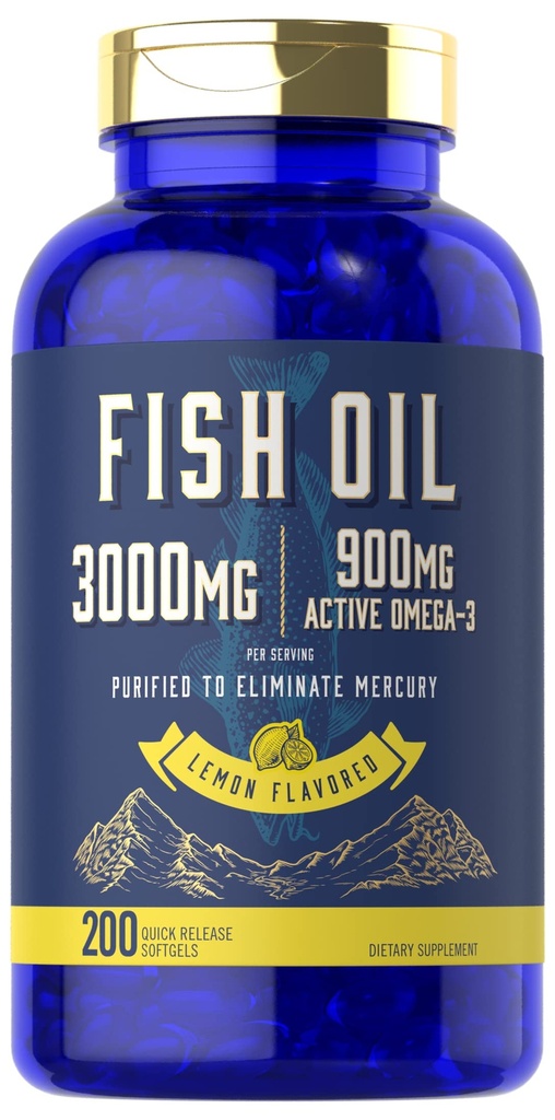 Carlyle Fish Oil 3000mg | 900mg Omega 3 | 200 Softgel | 레몬 맛 | 비 GMO 및 글루텐 무료 보충