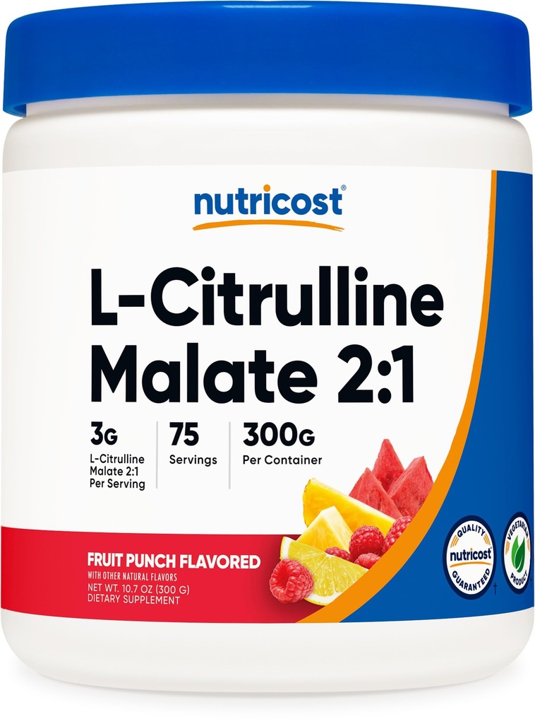 Nutricost L-Citrulline Malate 2 : 1 (300g) 과일 펀치 - 운동 지원, 근육 성능, 니트로 산화물 부스터 - 피트니스 보충 분말, 75 서빙