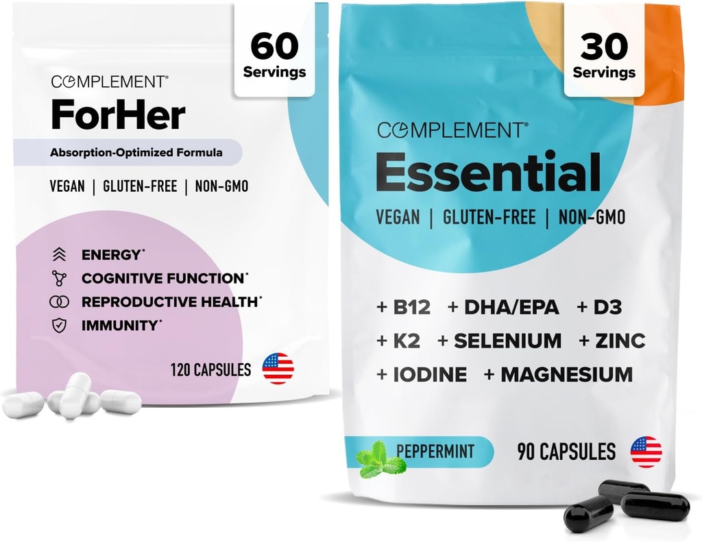 Complement ForHer & Essential Vegan Multivitamin 번들 - 오메가 3, B12, D3, 철, Folate & More와 30 일 여성의 웰빙 지원 - 에너지, 면역력 및 호르몬 균형