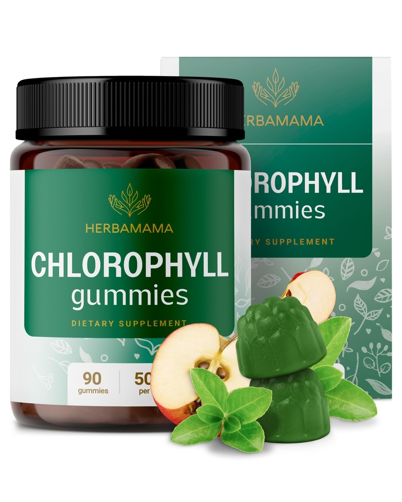 HERBAMAMA Chlorophyll Detox Gummies - 몸 냄새 지원을 위한 50mg 나트륨 구리 Chlorophyllin 내부 탈취제 - Vegan, 비 GMO 산화제 보충교재 - 90 Pectin 근거한 Apple-Flavored Chews