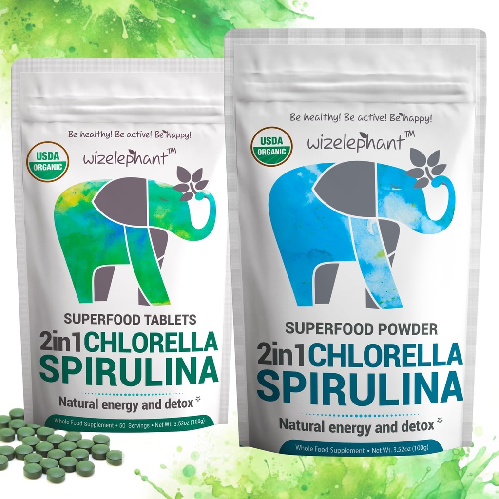 Chlorella Spirulina 분말 유기 + Spirulina Chlorella 정제 | 유기| Chlorophyll의 풍부한 | 그린 슈퍼 푸드 분말 및 정제 번들
