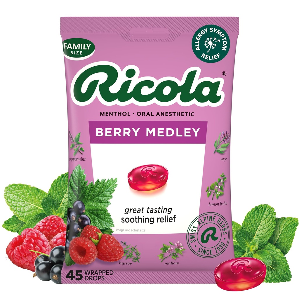 Ricola Berry Medley Throat Drops, 45 Count, Delicious Throat Relief & Care, 구두 마취약, 자연적으로 맛