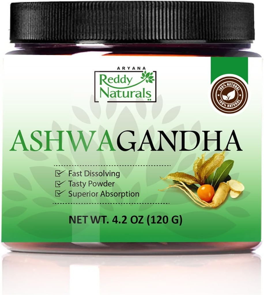 Reddy Naturals Aryana Pure Organic Ashwagandha Powder - 10 % Withanolides가있는 고순도 뿌리 추출물 - 스트레스 및 에너지 지원을위한 천연 오렌지 풍미 - 4.2 OZ (120g)