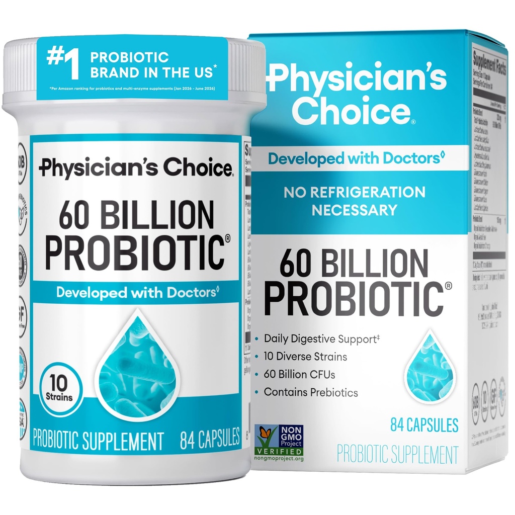 Physician 's CHOICE Probiotics 60 억 CFU - 10 Strains + Organic Prebiotics - Immune, Digestive & Gut Health - Occasional Constipation, Diarrhea, Gas & Bloating - 여성 및 남성 - 84ct 지원