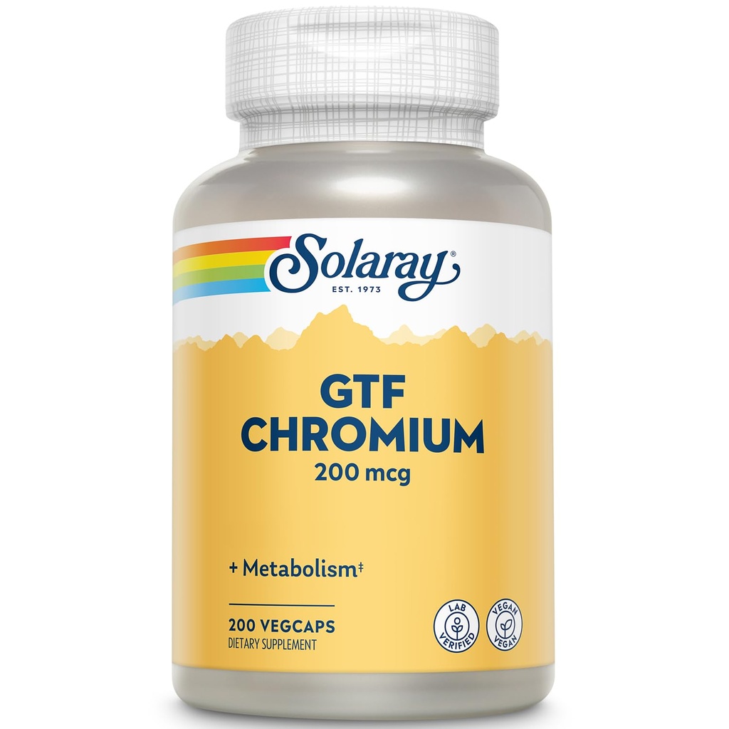 Solaray GTF Chromium 200mcg - 순수한 크롬 GTF 200 mcg 보충교재, 지원 남성과 여성을 위한 대사 기능과 전체적인 몸 건강 - 200 Vegan 캡슐