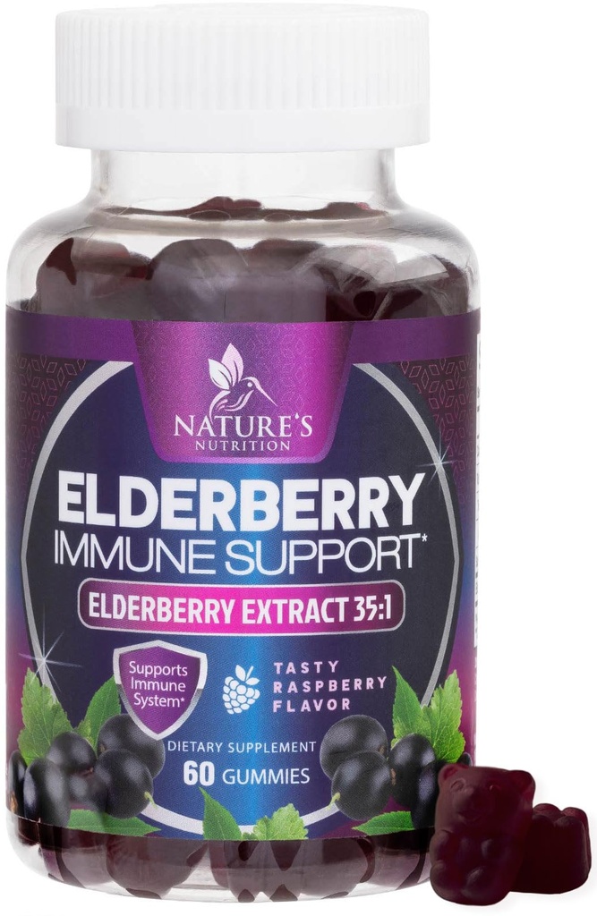 Elderberry Immune 지원 Gummies - 슈퍼 농축 35 : 1 추출물, Elderberry 4200mg에 해당 - Sambucus Black Elder Berry 비타민 보충, 어린이 및 성인을위한 일일 지원 - 60 Gummies