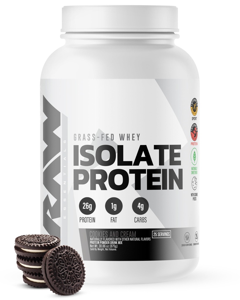 RAW Whey Isolate Protein Powder, Cookies N Cream - 100 % 근육 성장 및 회복을위한 잔디 볶은 스포츠 영양 단백질 분말 - 낮은 발톱, 낮은 발열, 자연적으로 맛 & 단화 - 25 서빙
