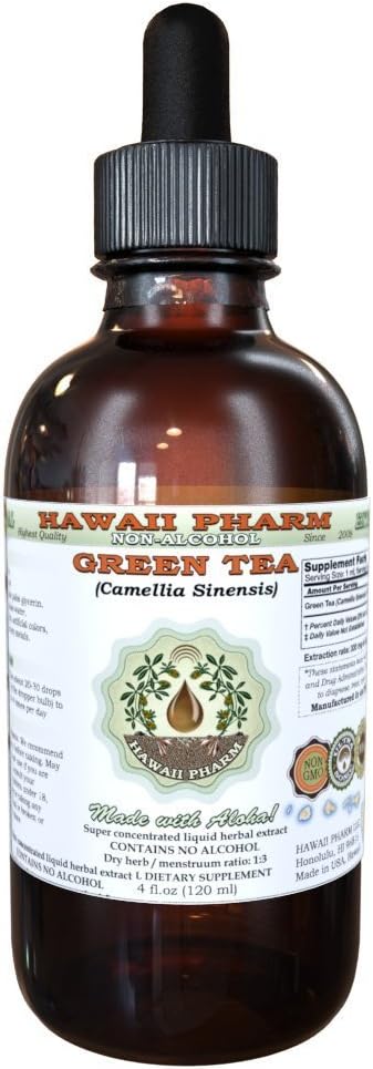 하와이 Pharm 녹차 알코올 무료 액체 추출, 유기 녹차 (Camellia Sinensis) 건조 잎 글리세리 자연적인 초본 보충 2 oz