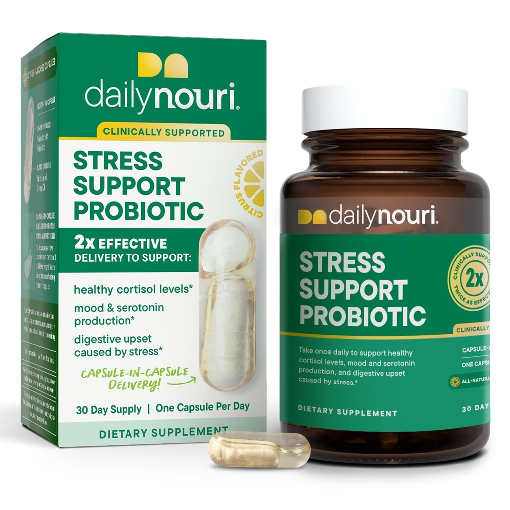 여성 및 남성용 데일리 누리 스트레스 서포트 프로바이오틱 | Cortisol Management, Stress Relief, Mood, Digestion & Gut Health | 3 임상 스트라인 + Vegan Omega Oil | 30일 공급