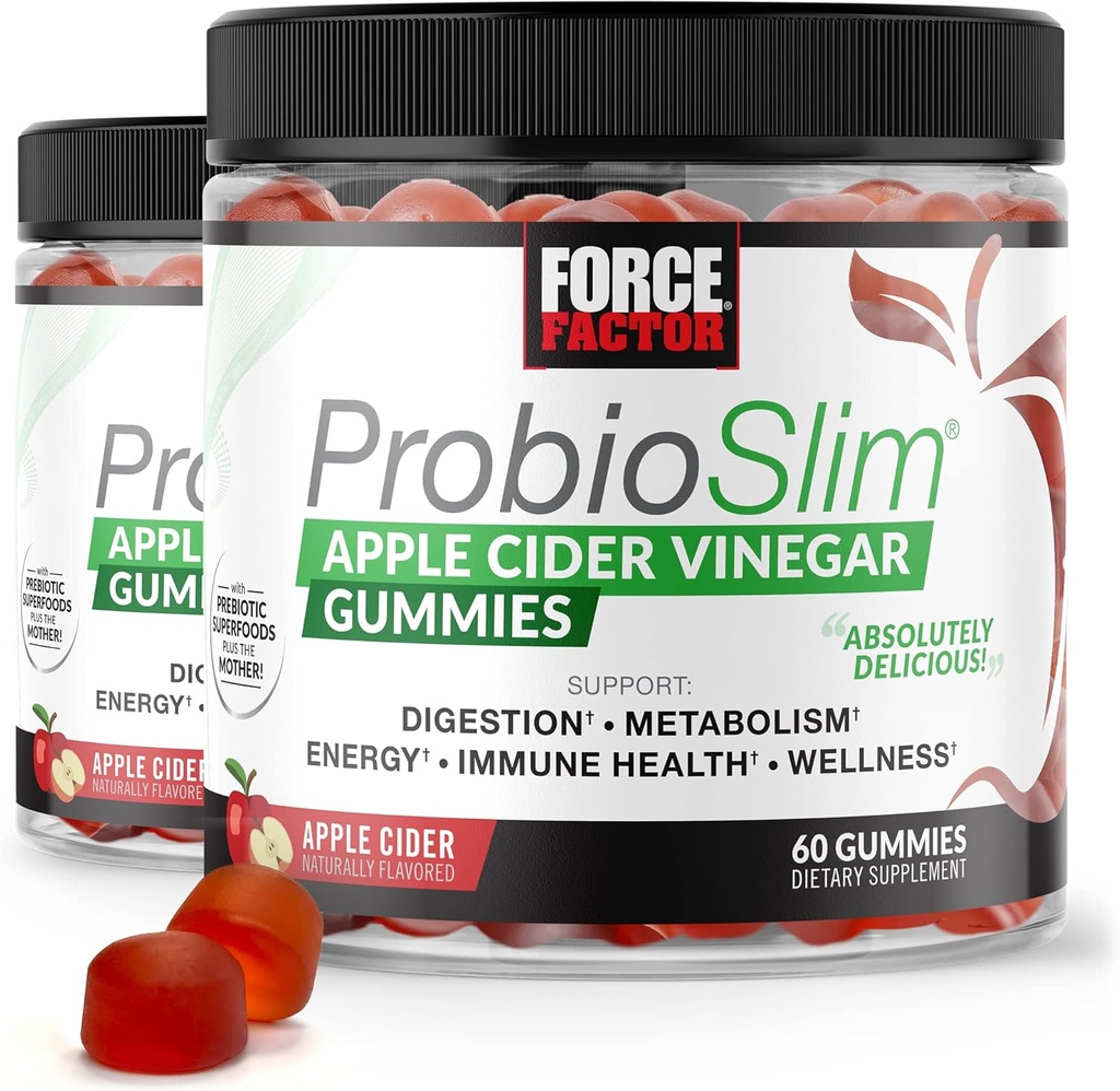 FORCE FACTOR ProbioSlim Apple Cider Vinegar Gummies, 유기 Apple Cider Vinegar 및 LactoSpore Probiotics 및 Prebiotics와 함께 2 팩 Digestion, Metabolism 및 면역 건강, 120 Gummies