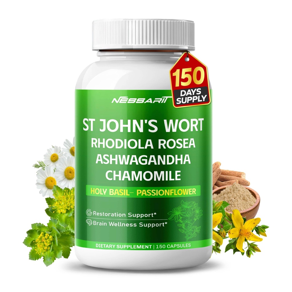 ST John 's Wort 14-in-1 Rhodiola Ashwagandha Chamomile Holy Basil L-Theanine Valerian Passionflower와 자연 혼합 - 150 Count - Made & Tested in The USA