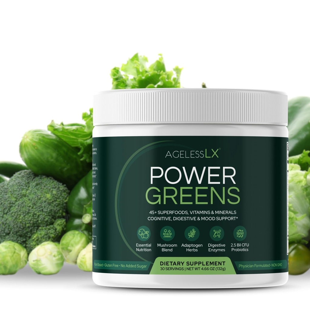 AgelessLX Power Greens, Probiotics, Enzymes 및 향상된 에너지, 면역력 및 소화 건강을위한 Prebiotic Fiber가있는 42 Superfoods, 30 서빙