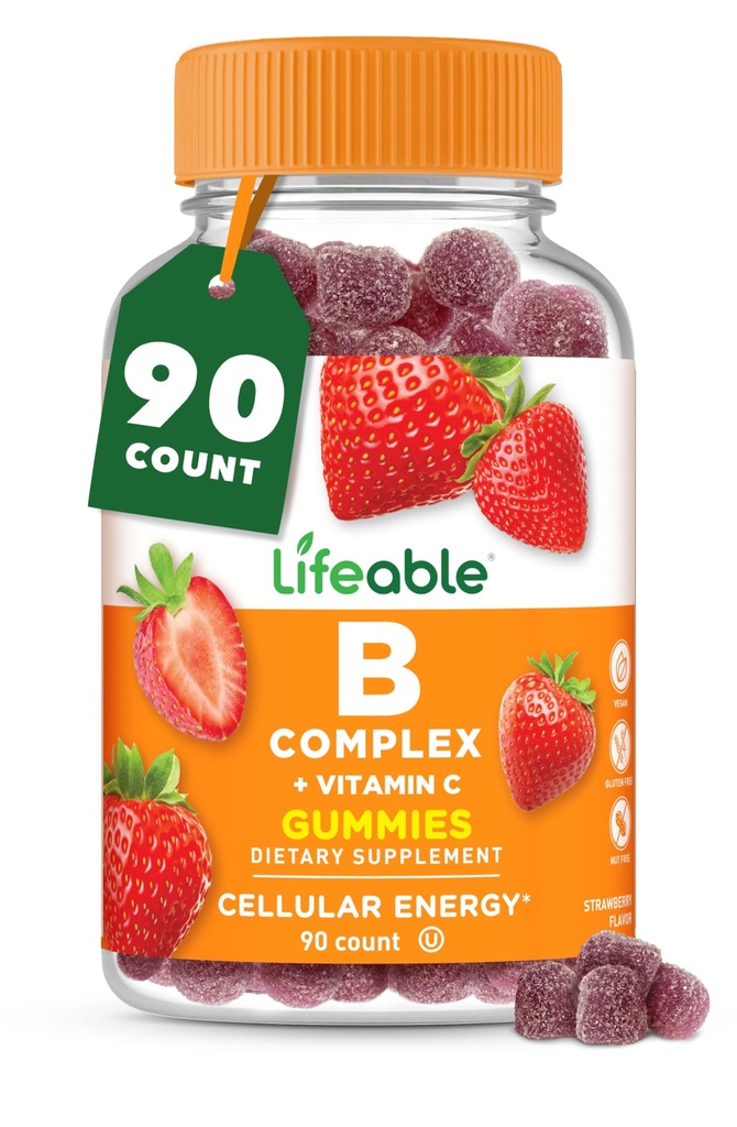 성인을 위한 Lifeable Vitamin B Complex Gummies | with Vitamin C | Great Tasting Vitamin B Gummies | Energy and Nerve System | Vegan B Complex 비타민 여성용, 남성용|90 Gummies