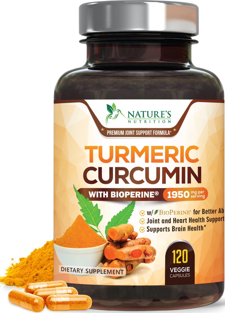 Turmeric Curcumin 보충교재 1950mg - 제일 흡수를 위한 유기 심황 & BioPerine 까만 고추 추출물을 가진 95% Curcuminoids, 성격 Vegan 합동 지원, 미국에서 병에 넣어지는 비 GMO - 120의 캡슐