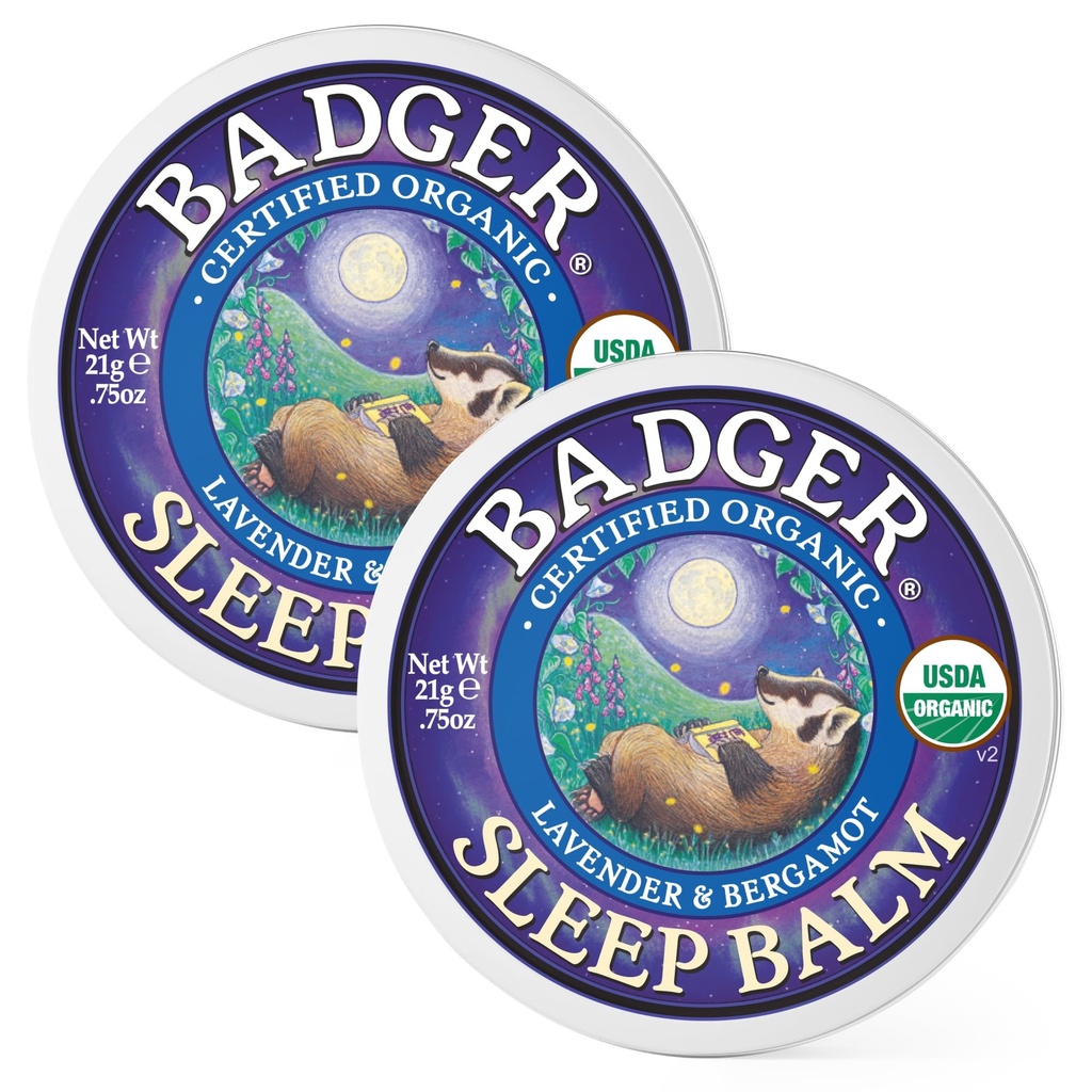 Badger Sleep Balm, 유기농 에센셜 오일 아로마 테라피 성인 및 어린이, Relaxing & Calming Lavender & Bergamot 자연 수면 지원, .75 oz Tin, 2-Pack