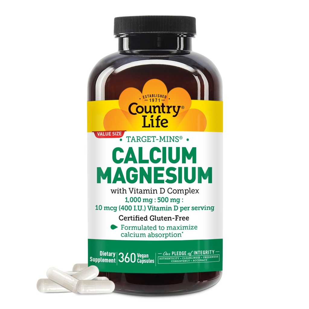 Country Life Target-Mins 칼슘 마그네슘 비타민 D-Complex, 1000mg/500mg/10mcg, 360 Vegan 캡슐, 공인 Gluten 무료, 공인 Vegan, 검증 된 Non-GMO 인증 ...