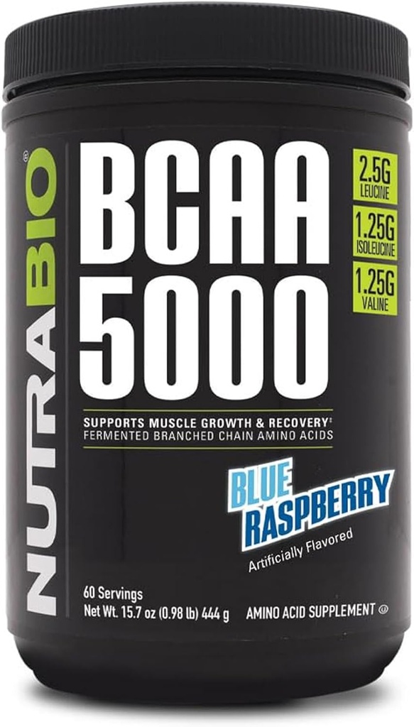 NutraBio BCAA 5000 분말 - Vegan Fermented BCAAs - Lean 근육 성장, 회복, 내구시간을 지원합니다 - 60 서빙 - 블루 라즈베리