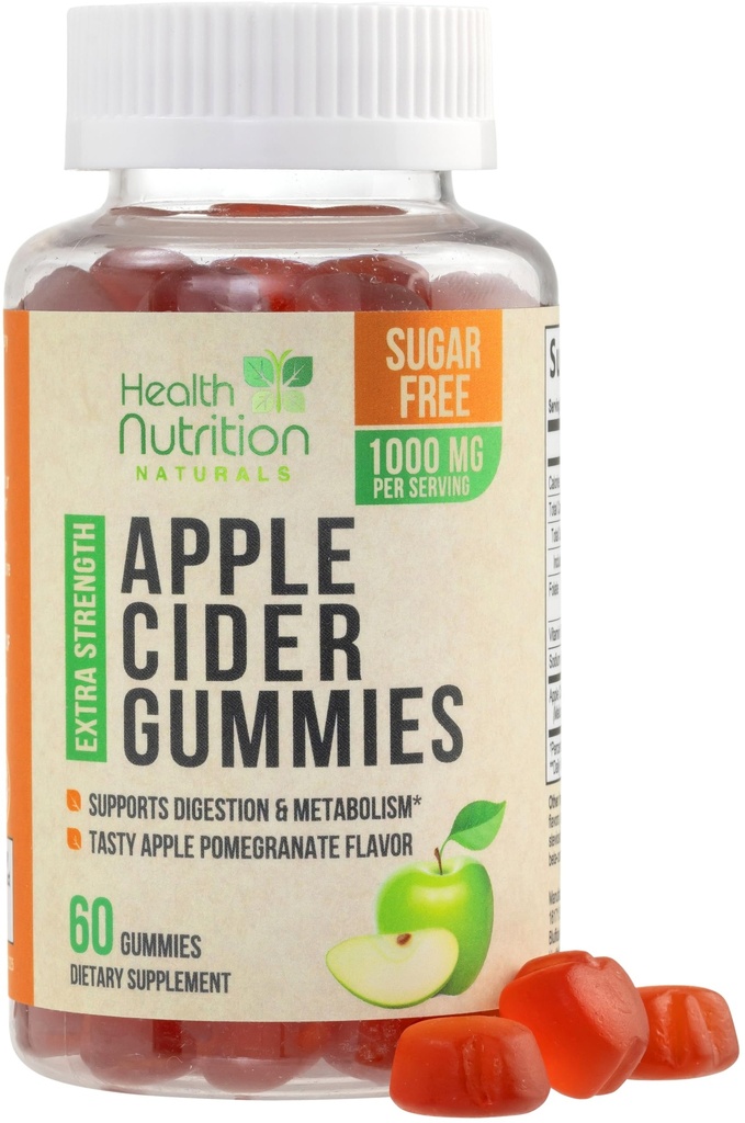 Apple Cider Vinegar Gummies 1000mg - 최대 힘 설탕 자유로운 ACV 거미 비타민, 지원 Metabolism & 에너지, 친절한, 비타민 B12, 젤라틴 자유로운, 글루텐 자유로운, Vegan & 비 GMO - 60 Gummies