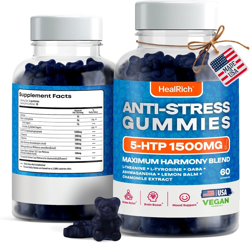 Stress Relief Gummies - 1500MG 5HTP with L-Theanine Gaba & L-Tyrosine - Ashwagandha Herbal Supplement 지원 Intellectual Alertness Vegan Brain Mood Booost 보충 교재 for Kids & Adults Made in USA
