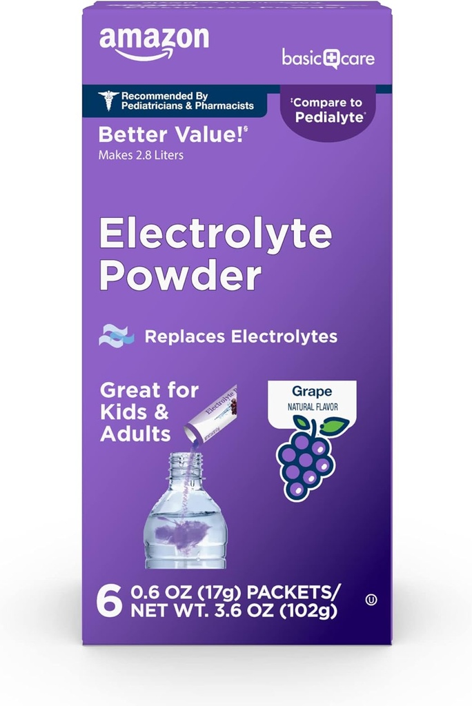 기초 배려 아이 & 성인, 포도 풍미, 6 조사를 위한 Rehydration를 위한 Electrolyte 분말 소포 (1의 포장)