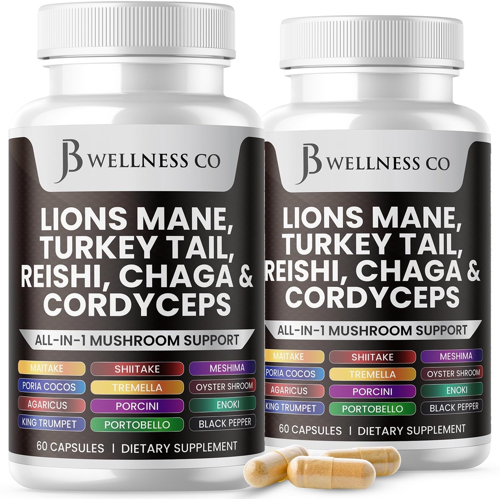 Lions Mane Supplement Cognitive 지원, 터키 꼬리 20in1 버섯 Reishi Cordyceps Chaga with Marshmallow Root - 120 카운트