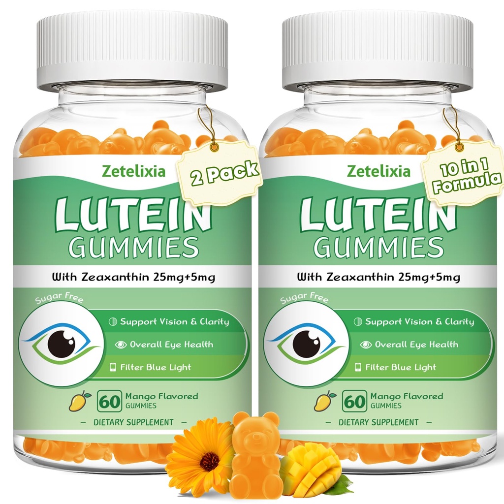 2 팩 Lutein Gummies 25mg의 설탕 자유로운 Lutein Zeaxanthin 보충교재 Gummies, 성인을 위한 눈 건강 보충교재, 시각과 파란 빛 보호를 위한 눈 비타민 Lutein, 망고 풍미, 120 조사