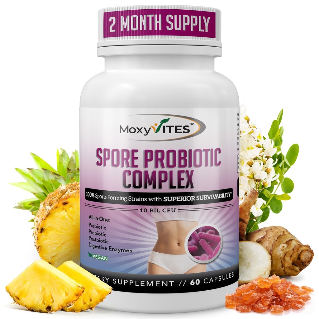 MoxyVites Spore Probiotic Complex - Digestive Health, Postbiotic, Digestive Enzymes Daily Supplement에 대한 하나의 Prebiotics 및 Probiotics의 모든 - 여성 및 남성을위한 Spore 기반 Probiotic