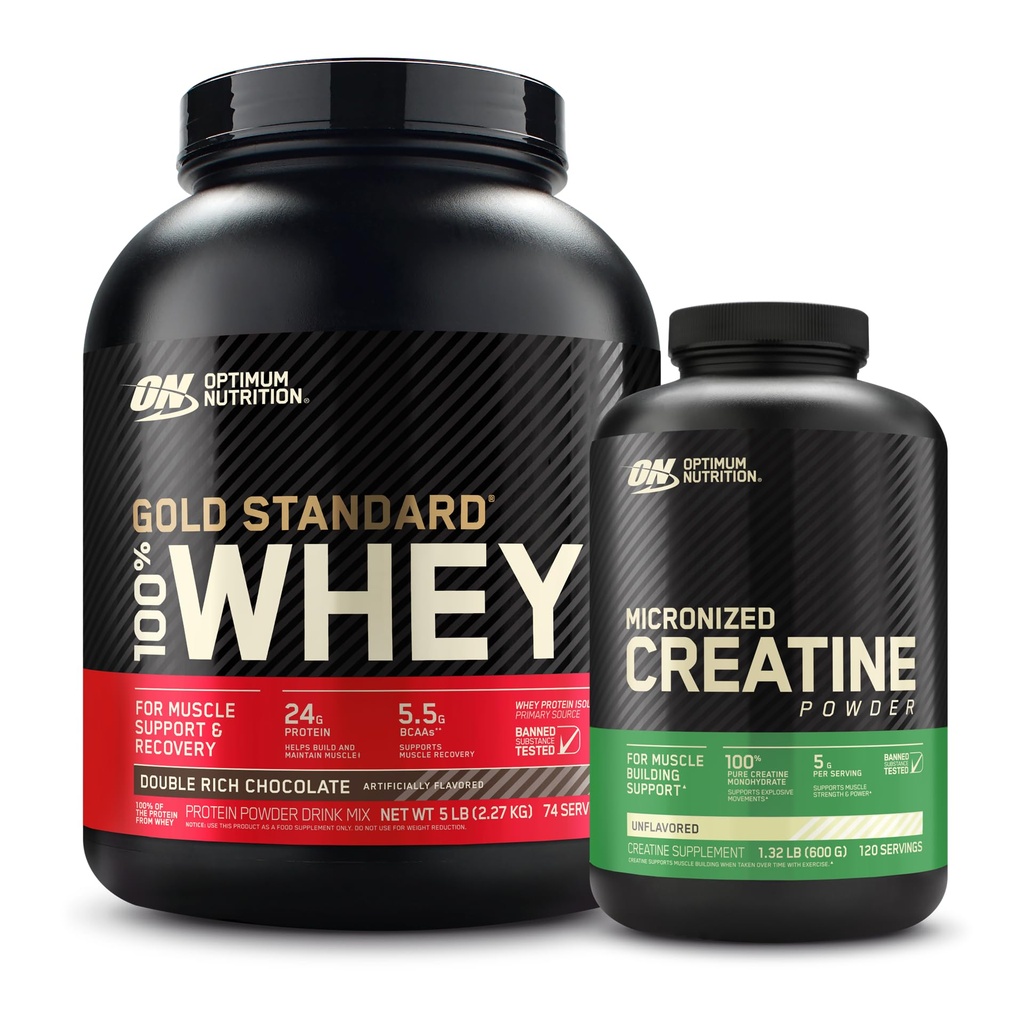 최적의 영양 100 % 골드 표준 Whey Protein Powder : Micronized Creatine Monohydrate Powder, Unflavored (120 서빙)이있는 이중 리치 초콜릿 (5 파운드) - 번들 팩