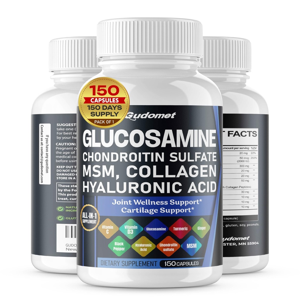 Glucosamine Chondroitin 황산염 Methylsulfonylmethane Hyaluronic 산 Turmeric Ginger 비타민 C, D3의 까만 고추 -150 캡슐 - 미국에서 만드는