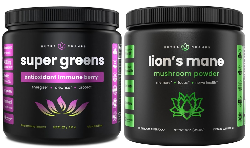 NutraChamps Super Greens 산화 방지제 & 사자 Mane 분말. 소화, 면역력 및 Adaptogen 지원