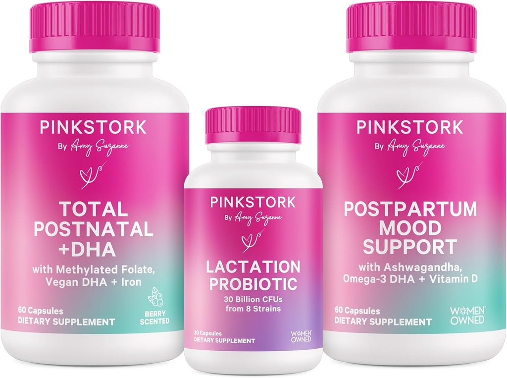 핑크 Stork 새로운 엄마 필요 번들: DHA와 Folic 산, Breast 우유 공급을위한 Lactation Probiotic + 면역 지원, Postpartum Mood + 호르몬 지원, Postpartum Essentials