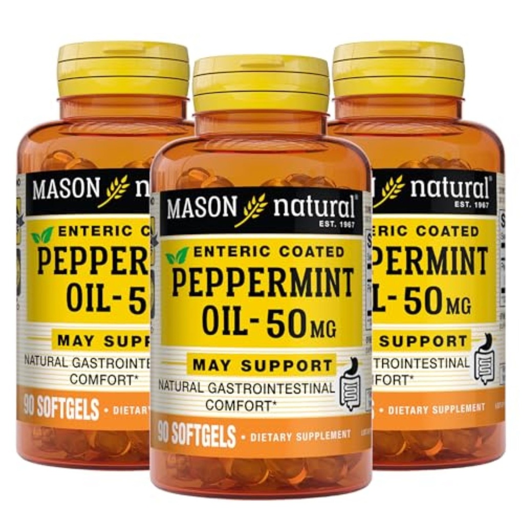 MASON NATURAL Peppermint 기름 50 mg Enteric 입히는 보충교재, 일반적으로 기능적인 Bowel, Softgel 알약을 위한 위장 지원의 270의 일 공급