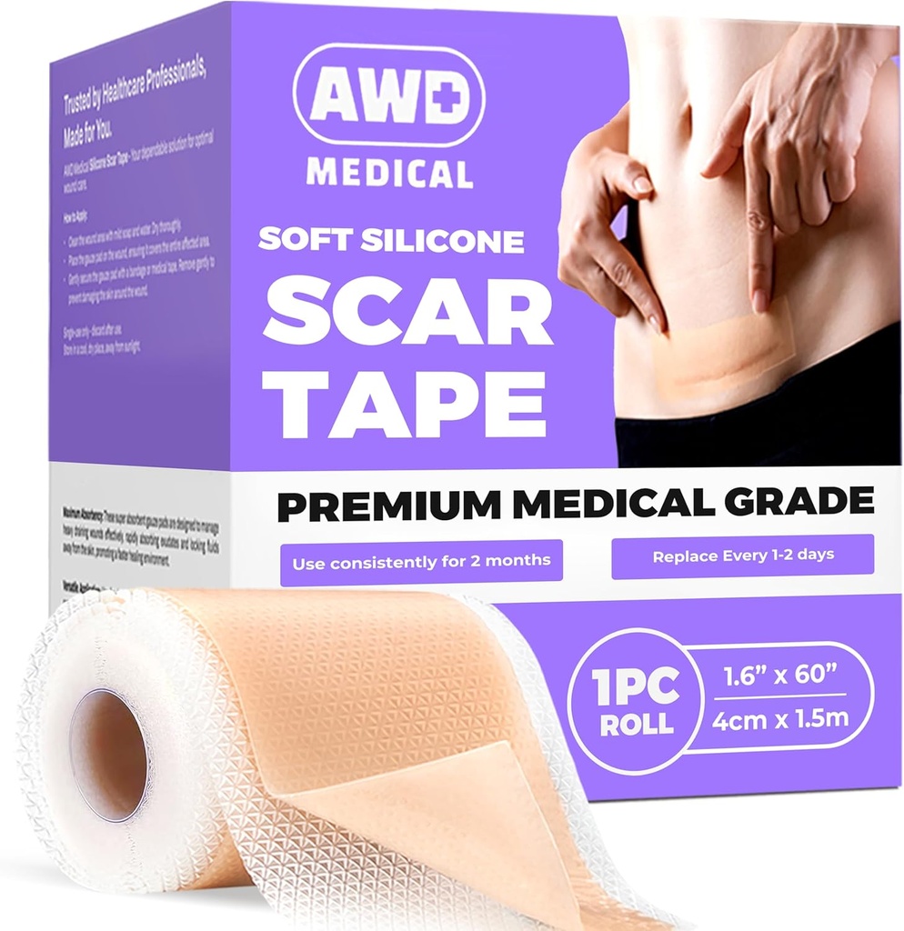 수술 흉터를위한 AWD 실리콘 스카프 시트 - C 섹션, Tummy Tuck Tape 용 원활한 의료용 실리콘 스카프 테이프 - 수술 후 실리콘 피부 패치가 있어야합니다 (1.6 "x 60"X XNUMX)