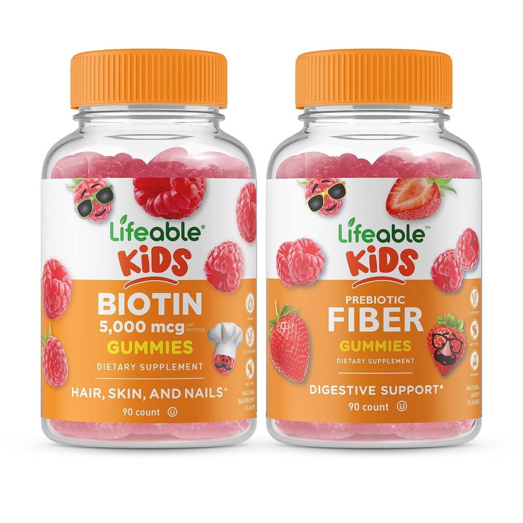 Lifeable Biotin Kids + Prebiotic Fiber Kids, Gummies Bundle - 훌륭한 타스팅, 비타민 보충, 글루텐 무료, GMO 무료, Chewable Gummy