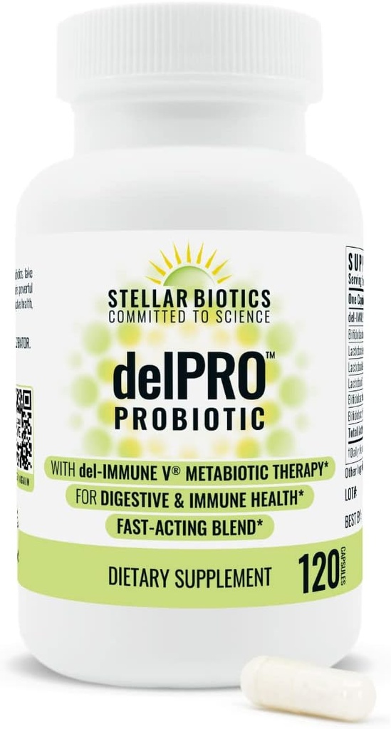 Del-Immune V® + Delpro Probiotic & Prebiotic Blend by Stellar Biotics - Optimal Gut Health, Digestion, Immune Support & Mood (120 캡슐)를 홍보하십시오.
