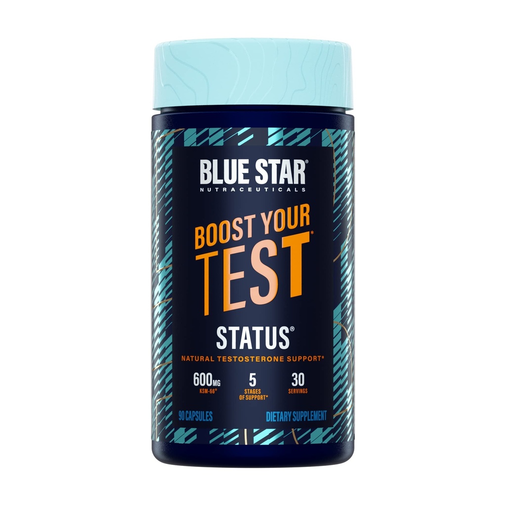 Blue Star Nutraceuticals Status - 남성용 테스토스테론 부스터 - w/KSM 66 Ashwagandha - Invigorate Stamina, 근육 성장 및 에너지 | 천연 테스트 부스터 지원 - 90 Veggie 캡슐