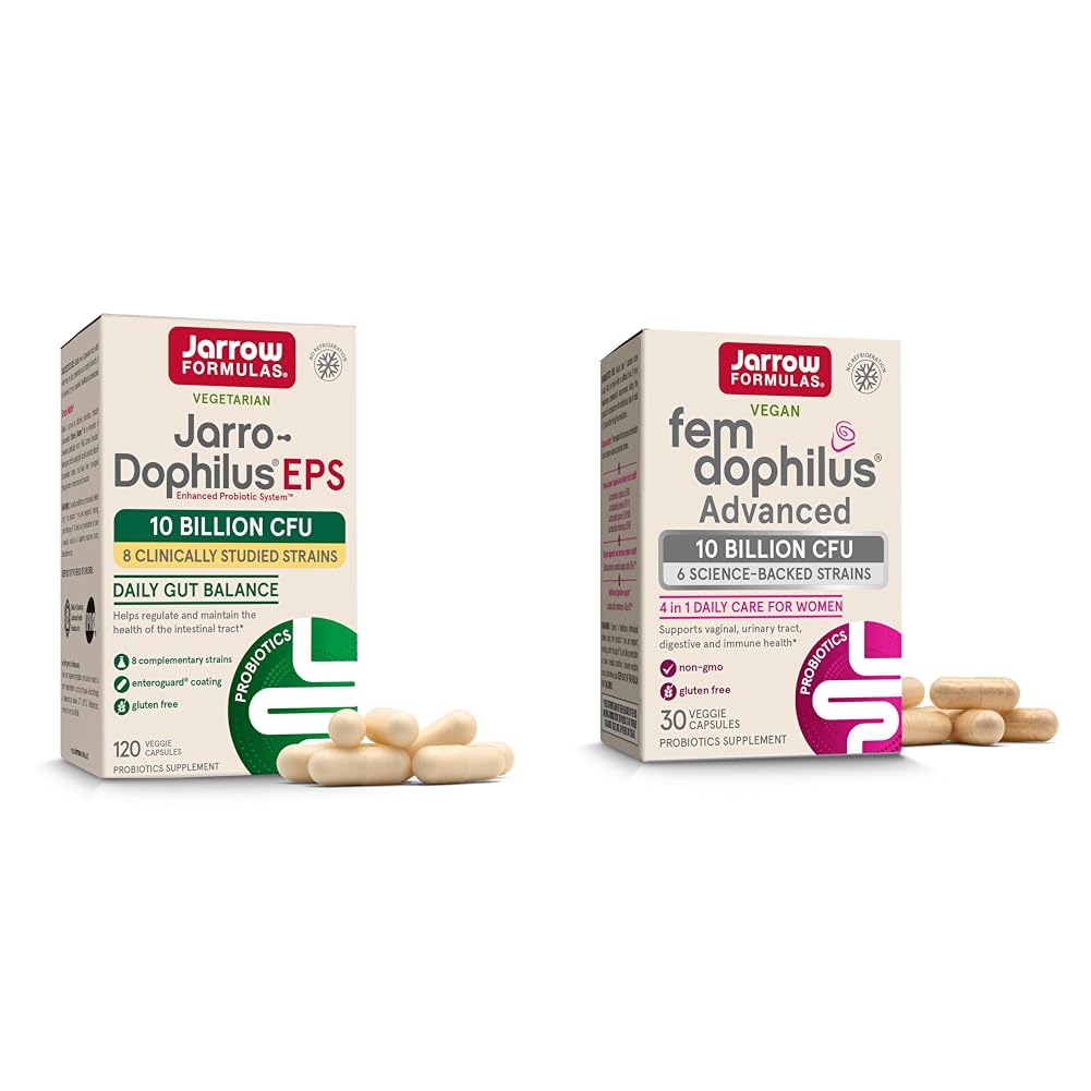 Jarrow Formulas Probiotics는 Jarro-Dophilus EPS 10 억 CFU 120 캡과 Fem-Dophilus 고급 10 억 CFU 30 캡을 묶습니다.