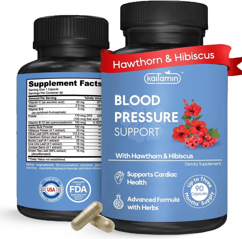 혈압 지원 보충교재 – 자연적인 호손, Hibiscus, 마늘 & 올리브 잎 – 심장 건강 & 순환 지원 – B12, B6 – Vegan, 비 GMO – 90의 모자 (3 달 공급)