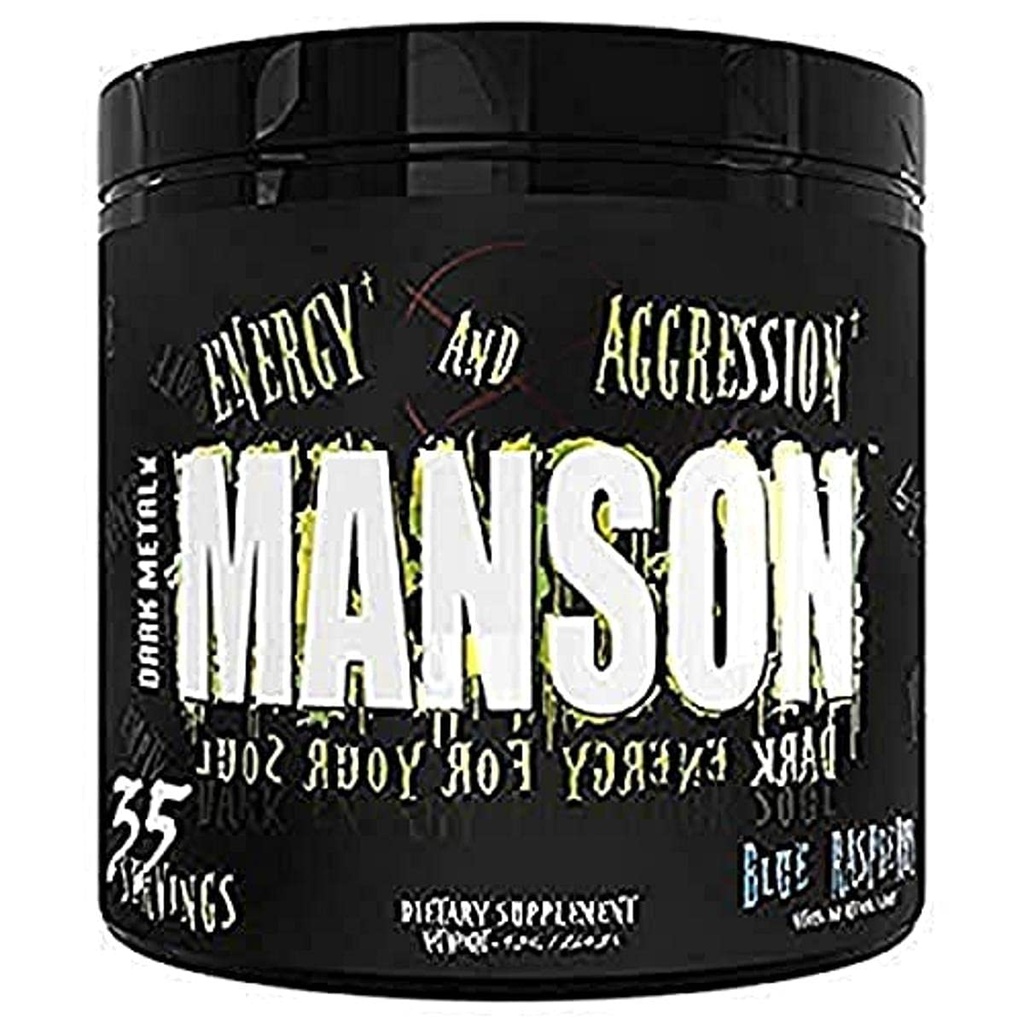 DARK METAL Inc. Manson High Stim Pre Workout Powder, 에너지 초점 강도, Beta Alanine L-Carnitine Caffeine Infinergy, 35 Srvgs, 블루 라즈베리로드