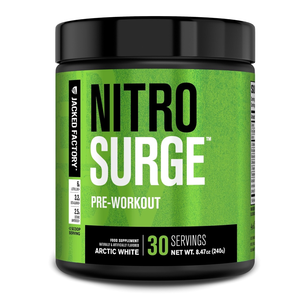 Jacked Factory NITROSURGE Pre Workout Supplement - Endless Energy, Instant Strength Gains, Clear Focus, Intense Pumps - NO 부스터 및 강력한 Preworkout Energy Powder - 30 서빙, Arctic White