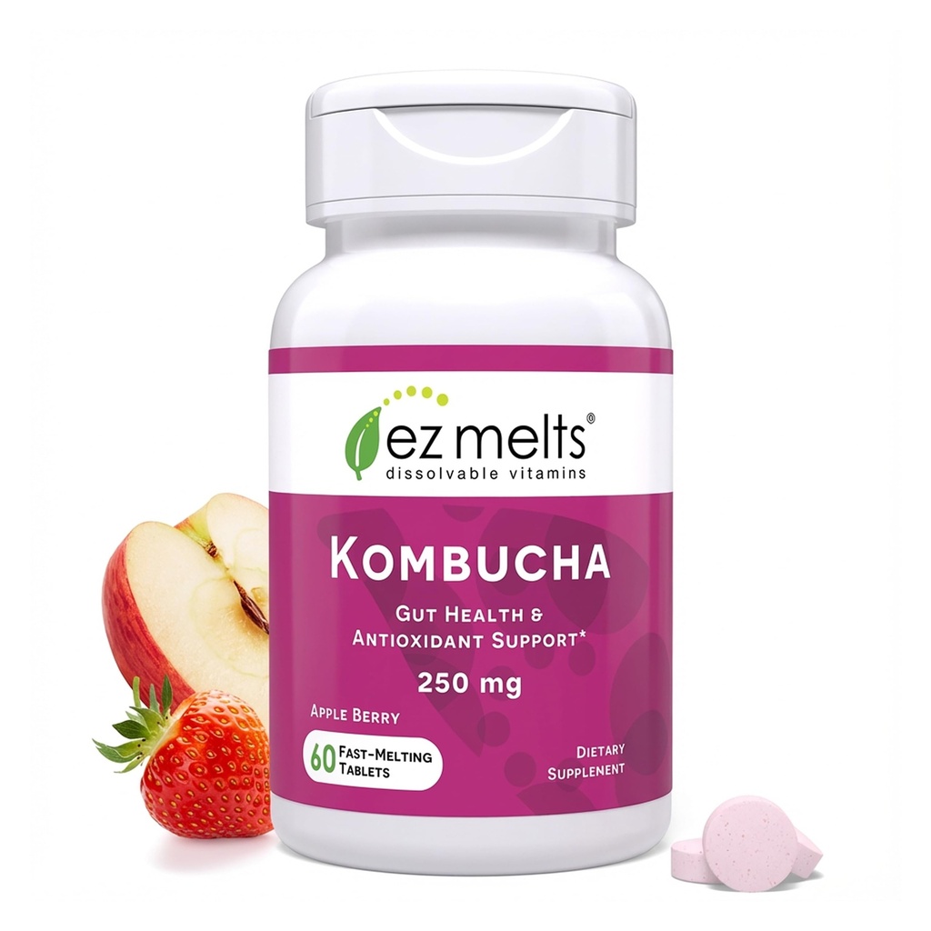 EZ Melts 분해성 설탕 자유로운 Kombucha는 SCOBY & Apple Cider Vinegar, 남자 & 여자를 위한 Gut 건강 보충교재, Apple Berry 풍미, 2 달 공급 - 1 팩을 가진 정제를 녹입니다