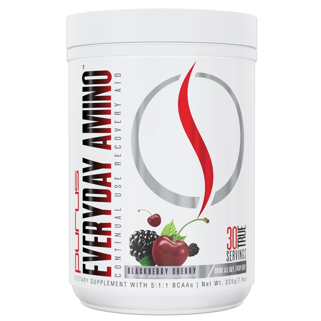 Purus Labs Everyday Amino BCAA Powder | 근육 히스 & 회복을위한 아미노산 | 설탕 무료 및 글루텐 무료 | 30 인분 (BlackBerry Cherry)