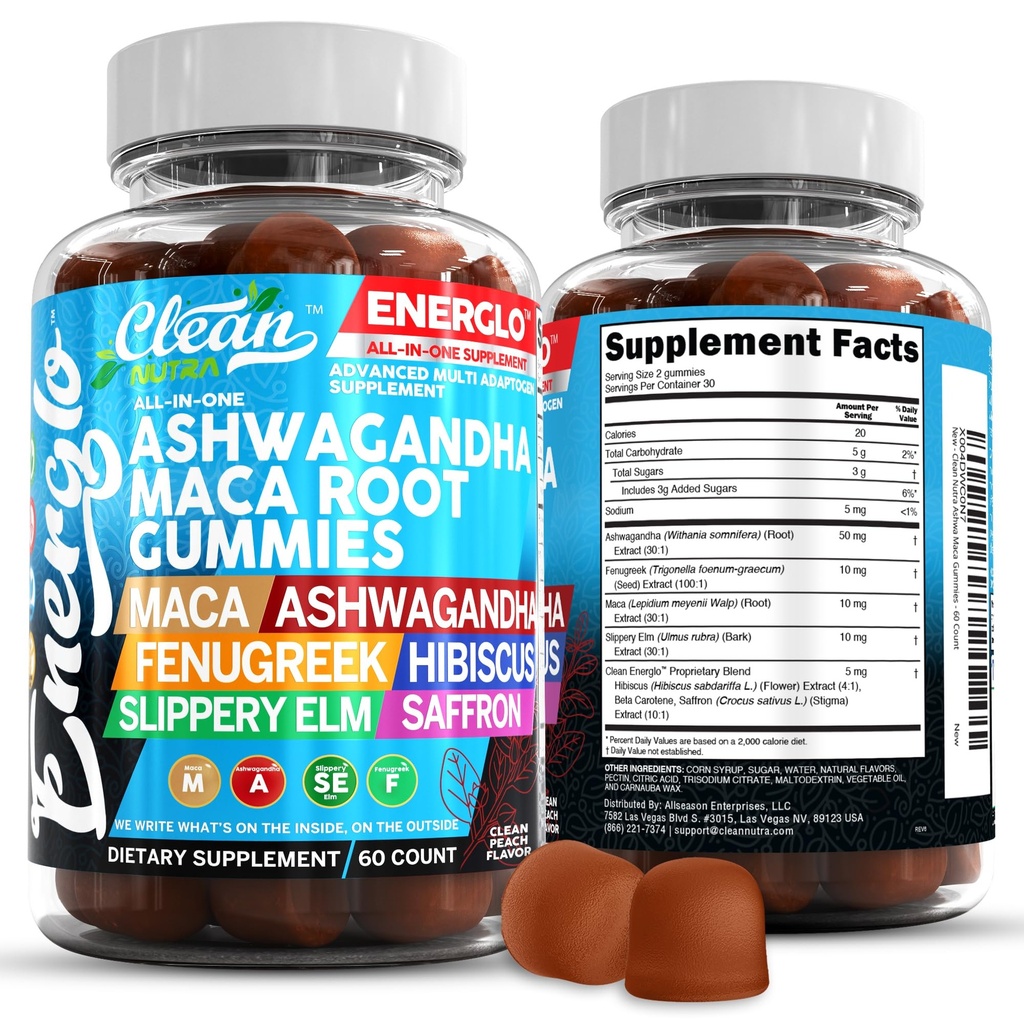 Ashwagandha Maca Root Gummies with Fenugreek Hibiscus Slippery Elm Saffron Extract & Beta Carotene | 복숭아 풍미 Vegan Gummy 비타민 Adaptogen Cortisol 보충 Energlo Clean Nutra