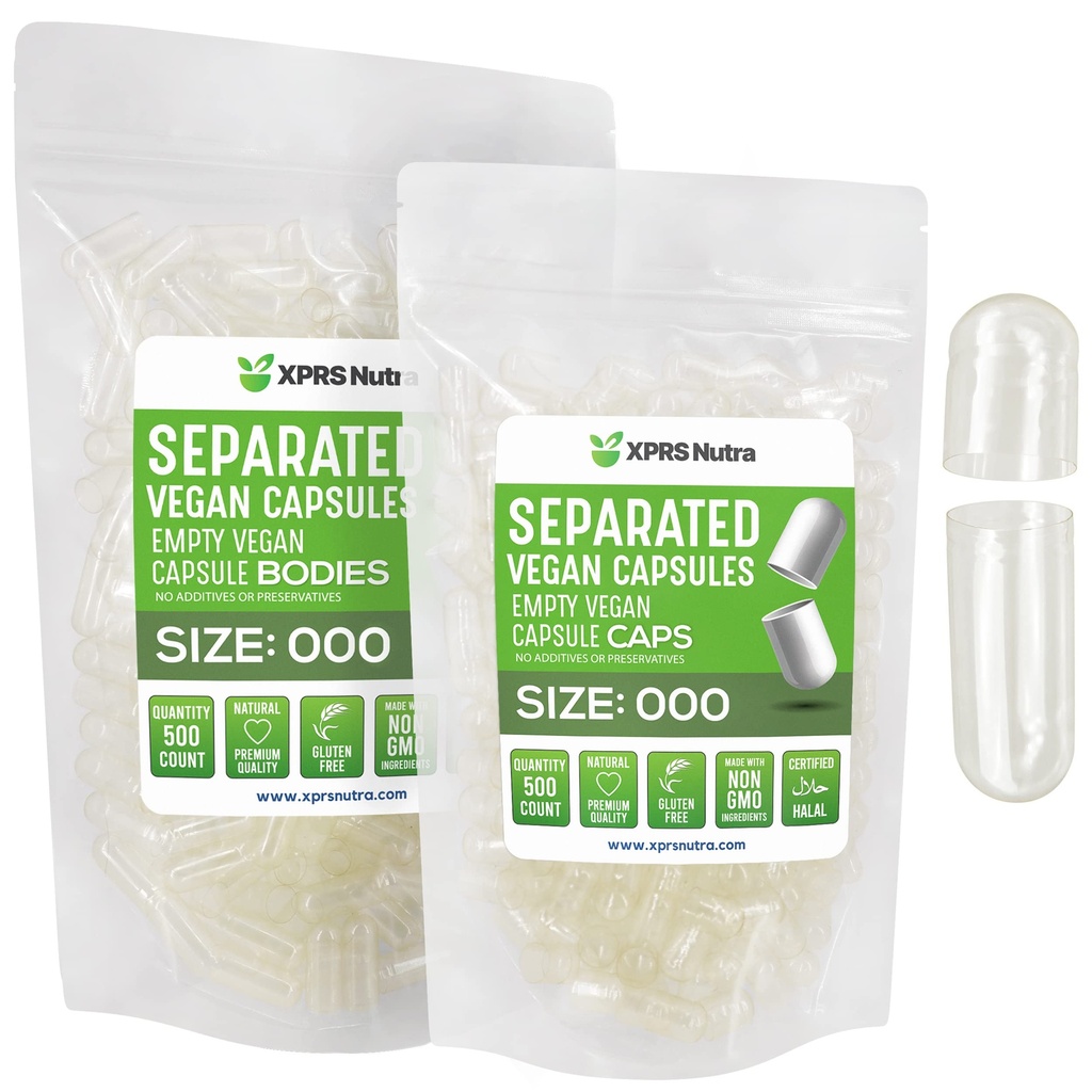 XPRS Nutra Vegan 크기 000 분리 캡슐 - 500 카운트 프리미엄 빈 캡 가방에 분리 - 명확한 빈 캡슐 - DIY 보충 충전을위한 000 알약